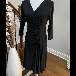 Kim Rogers Long Sleeve V Neck Gathered Side A Line Black Dress Size 6